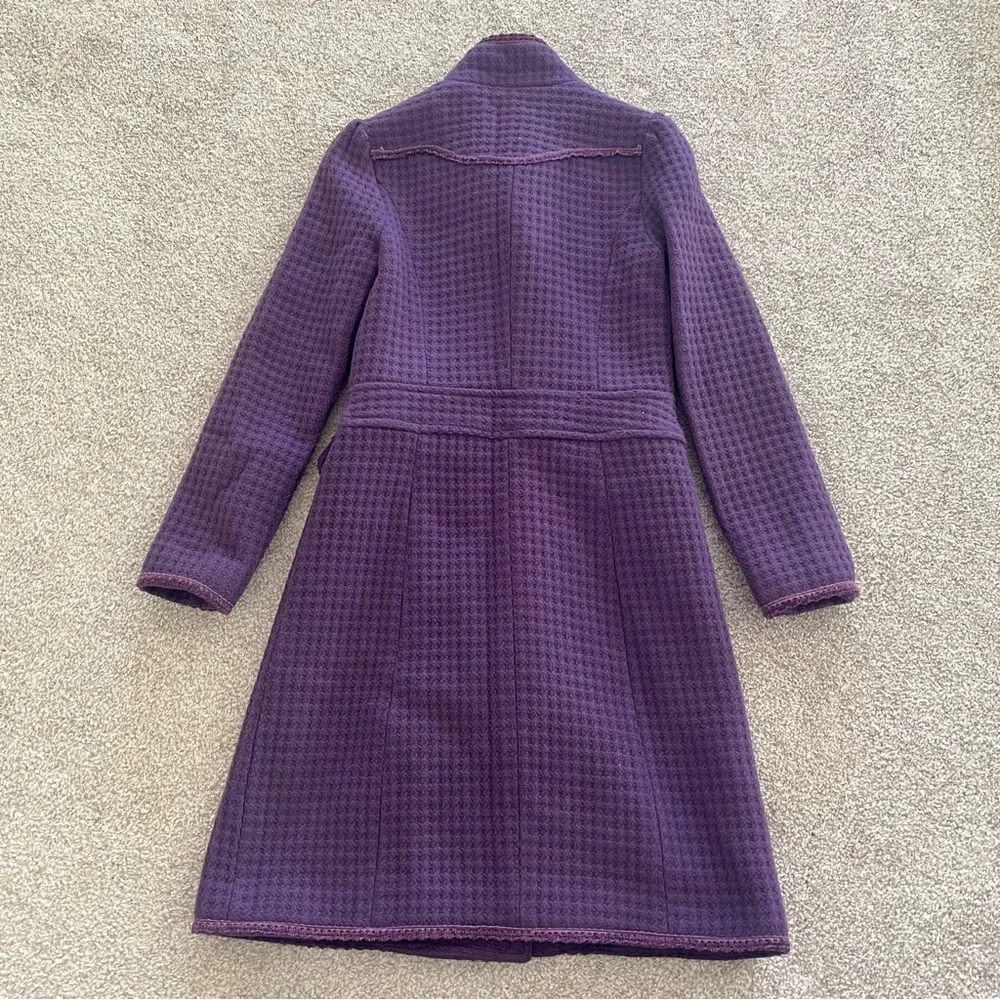 Purple Double Breasted Long Coat w Textured Waffle Knit Pattern Ornate Buttons - Picture 8 of 11